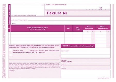 Druk faktura a5 czynności zwolnione z podatku 198-3e