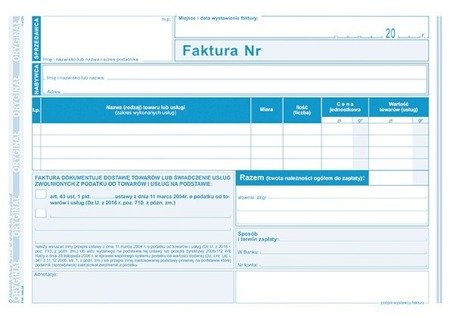 Druk faktura a5 czynności zwolnione z podatku 198-3e