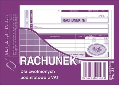 Druk rachunek dla zwolnionych z vat a6 poziomy 234-5