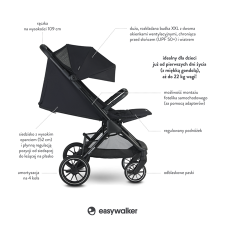 Easywalker Jackey XL Przestronny, samoskładający się wózek spacerowy z kołami XL Shadow Black 114133