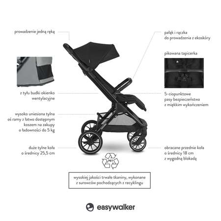 Easywalker Jackey XL Przestronny, samoskładający się wózek spacerowy z kołami XL Shadow Black 114133