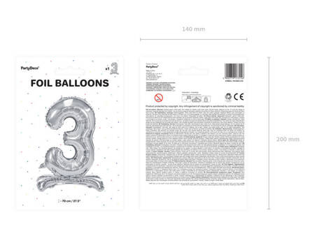 Stojący balon foliowy 70cm srebrny Cyfra 3 173156